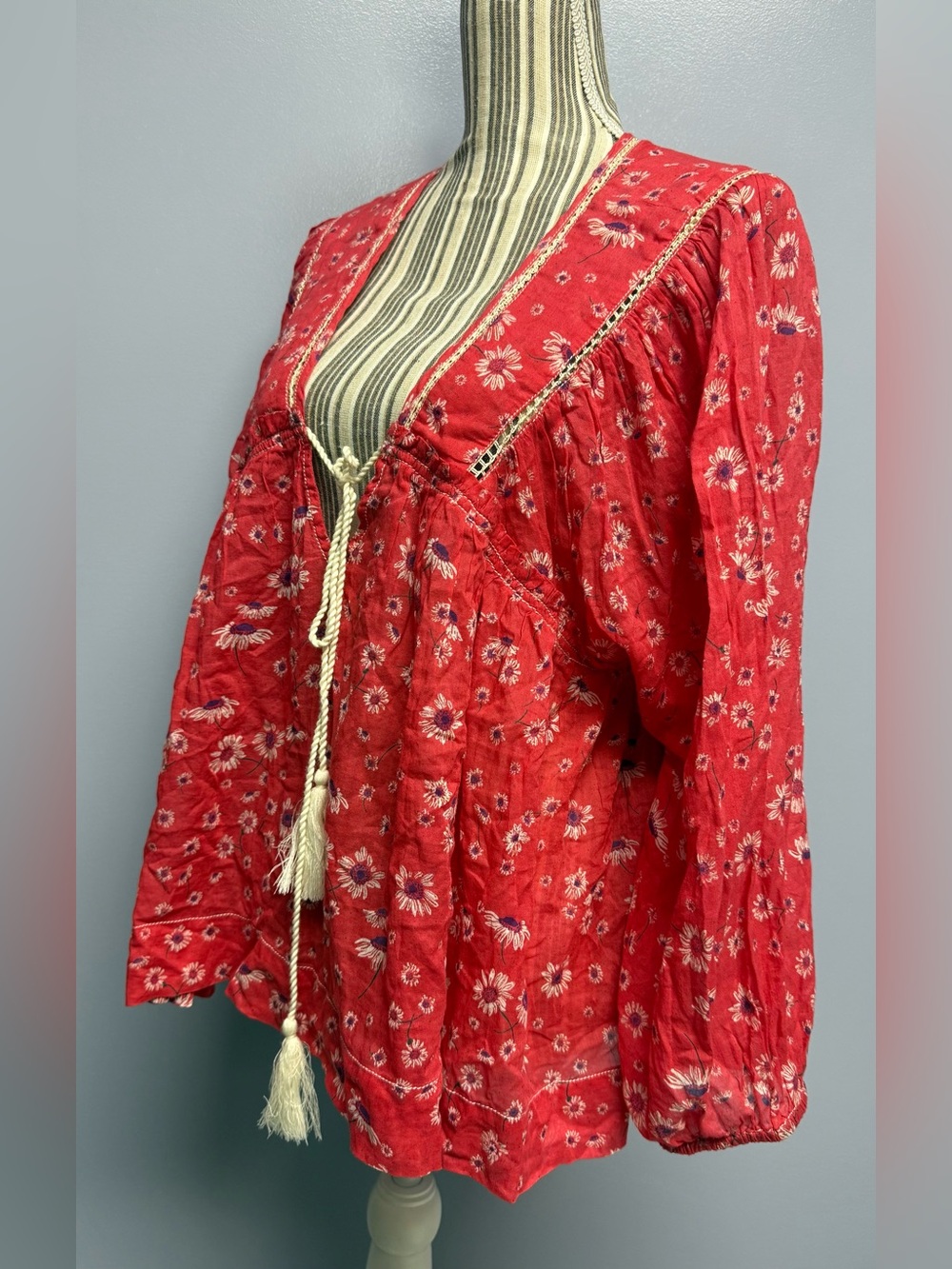 NWT Free People BoHo Red Floral Tassel Peasant Tunic top women’s M - Picture 5 of 16